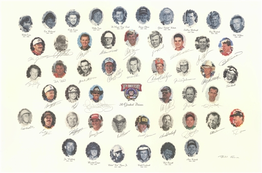 1998 NASCAR 50 Greatest Drivers Litho With 34 Signatures Including Dale Earhardt, Richard Petty, David Pearson, Jeff Gordon and Junior Johnson (Beckett)